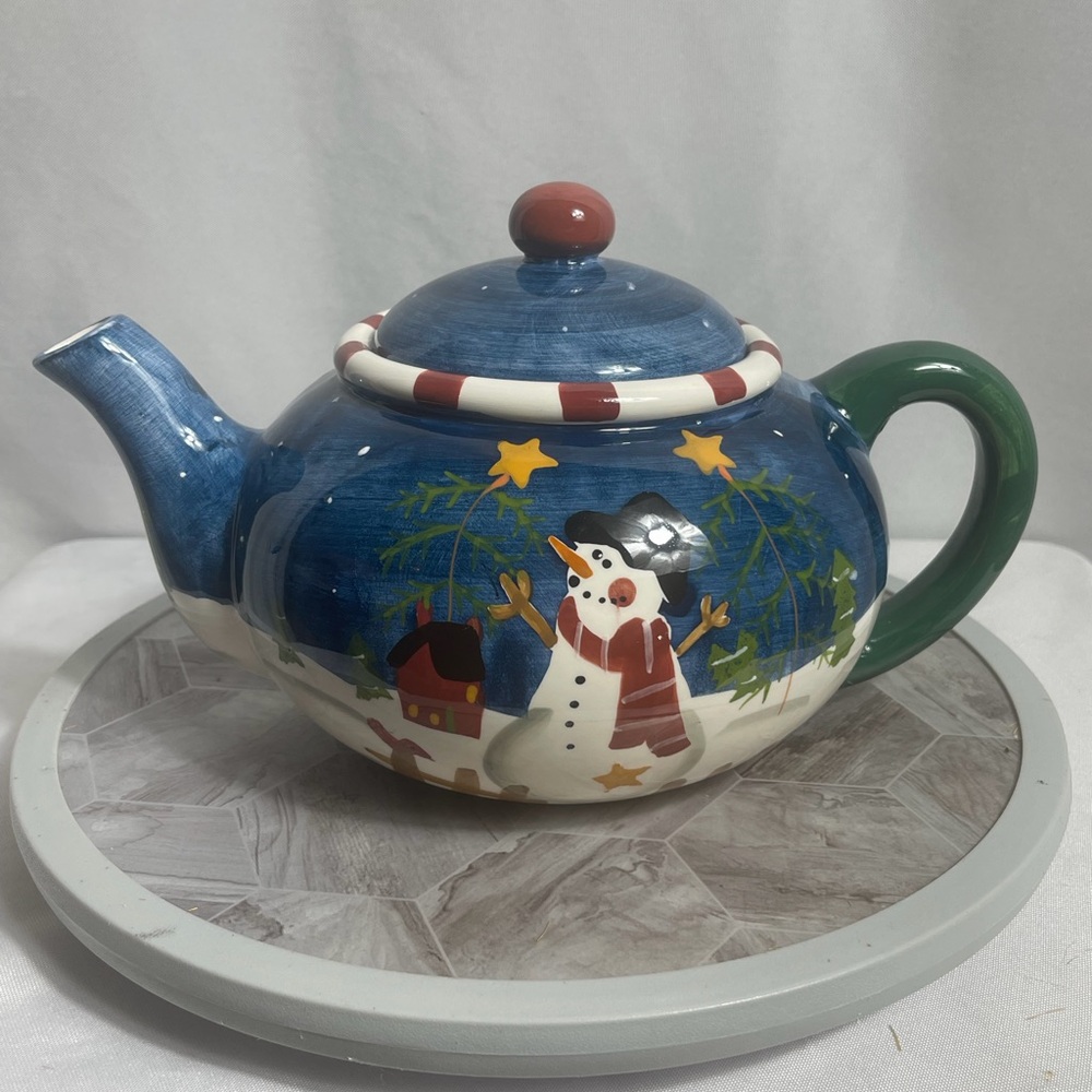 Vintage INT Snowman Christmas Teapot Blue Winter Holiday Ceramic